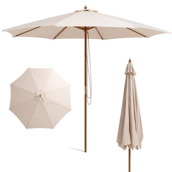 10 ft. Wood Market Patio Umbrella in Beige with Rope Pulley Lift, 8-Bamboo Ribs, 3-Adjustable Heights Outdoor Umbrella