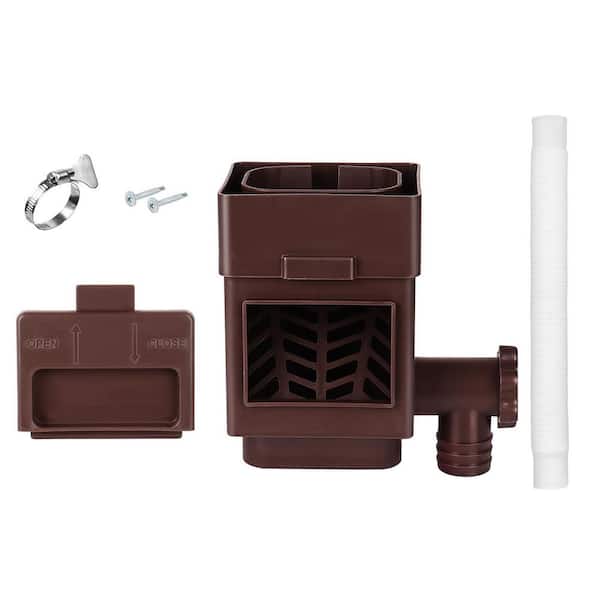 Rain Barrel Diverter Kit, Brown, Fits 2 x 3 or 3 x 4 in. Downspouts, Adjustable Valve Filter Rain Collection Accessory