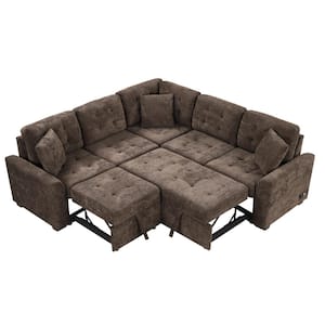 82.6 in. L Shaped Corded Velveteen Modern Sectional Sofa Pull-out Sleeper Sofa in. Brown with USB Ports, Power Sockets
