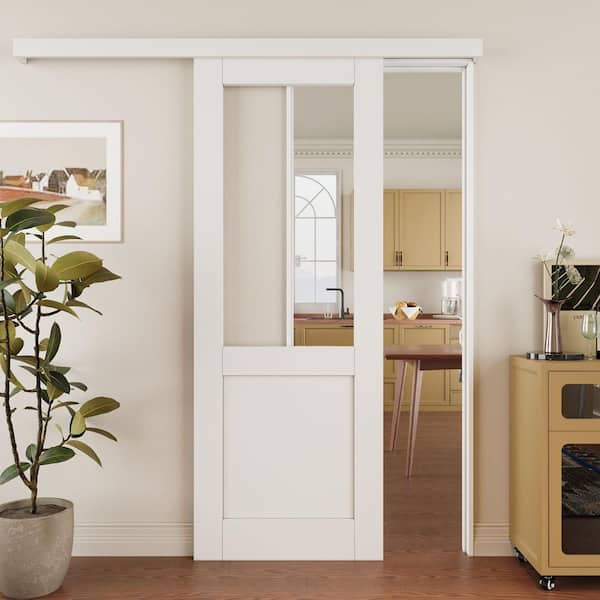 ARK DESIGN 30 in. x 80 in. Hidden Track Style 1/2-Lite Clear Glass White Primed MDF Sliding Barn Door with Hardware Kit