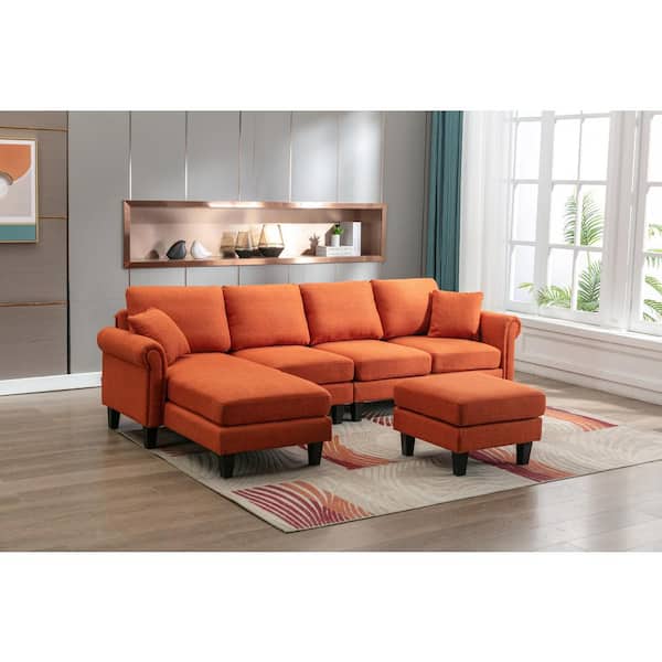 HOMEFUN 108 Fabric Seat 2-Arms 4-Piece L Shaped Sectional Sofa in Orange with Removable Ottoman and Wood HFHDSN-920OR - Home Depot