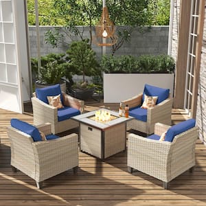 Oconee Beige 5-Piece Modern Outdoor Patio Conversation Sofa Seating Set with a Fire Pit and Navy Blue Cushions