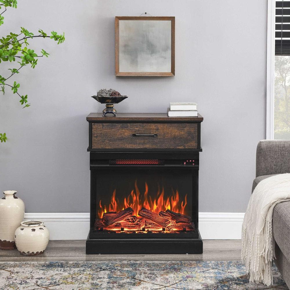 25 in. Freestanding Metal Infrared Electric Fireplace with 3-Side View Screen and Storage Mantel in Antique Black -  Clihome, CL-CB74114