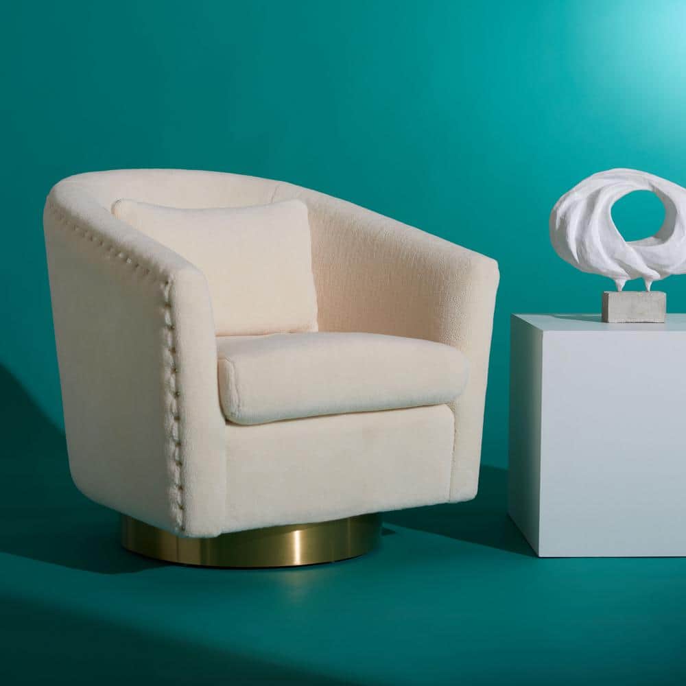 Ivory Velvet Swivel Barrel Chair with Wood Accents