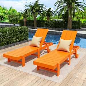Shoreside 2-Piece Modern HDPE Fade Resistant Portable Reclining Chaise Lounge Chairs With Wheels in Orange