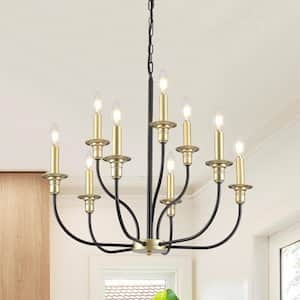 9-Light Black and Spray Paint Gold Classic 2-Tier Candlestick Chandelier Lighting for Dining Room Living Room