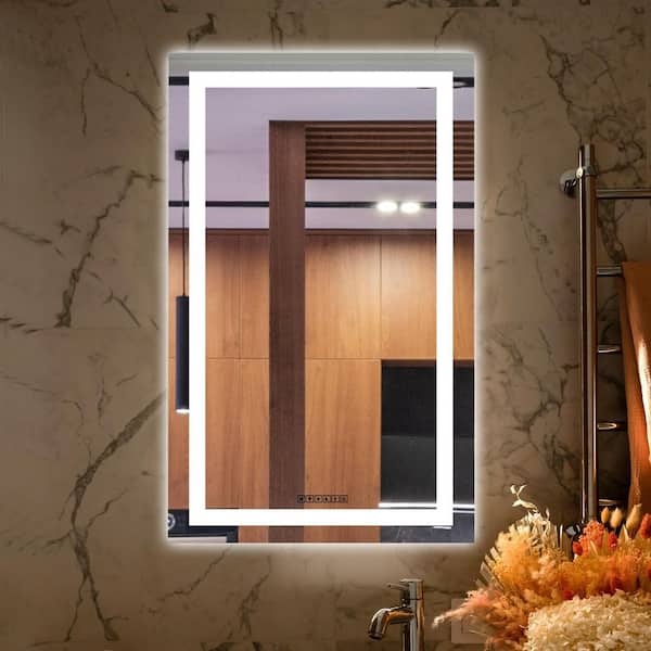 Fab Glass and Mirror Frameless Rectangular Bathroom Wall Mounted LED Mirror 20 in. W x 30 in. H Anti-Fog and Dimmer Touch Sensor