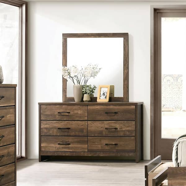 Furniture of America Olala 6-Drawer Light Walnut Dresser with Mirror (72.88 in. H x 58 in. W x 15.5 in. D)