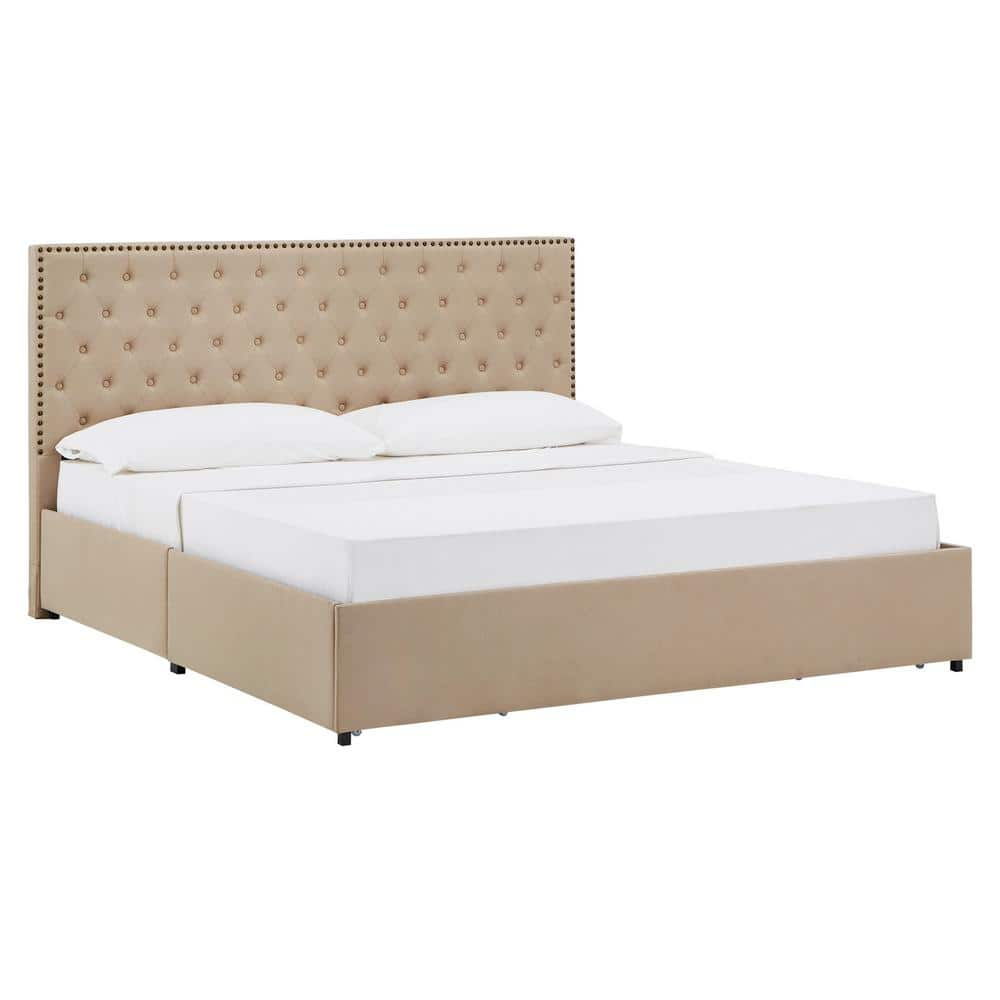 HomeSullivan Beige Nailhead Linen Headboard Storage King Platform Bed ...