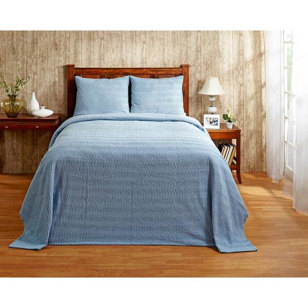 Better Trends Natick Collection in Wavy Channel Stripes Design Blue Queen 100% Cotton Tufted Chenille Bedspread