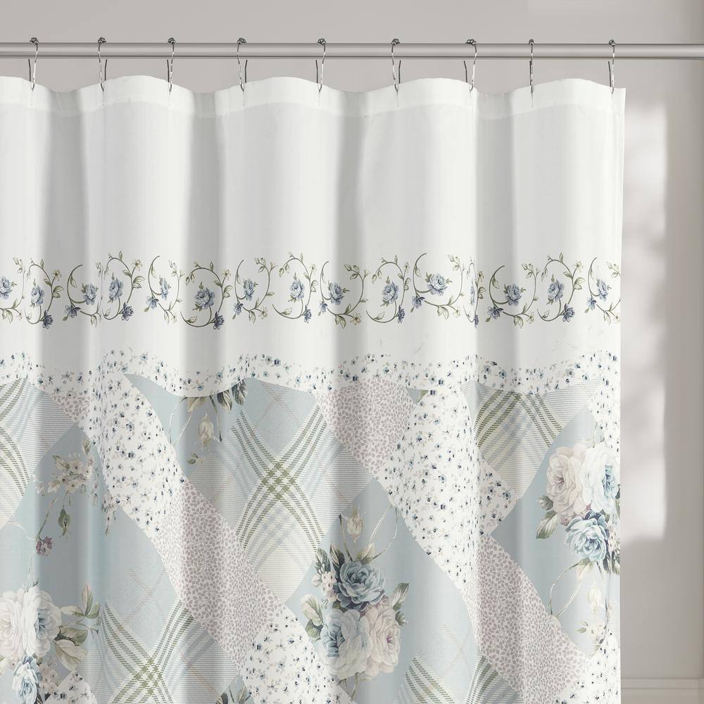Spa Blue and White Floral Patchwork Polyester Shower Curtain 70 x 72 in.