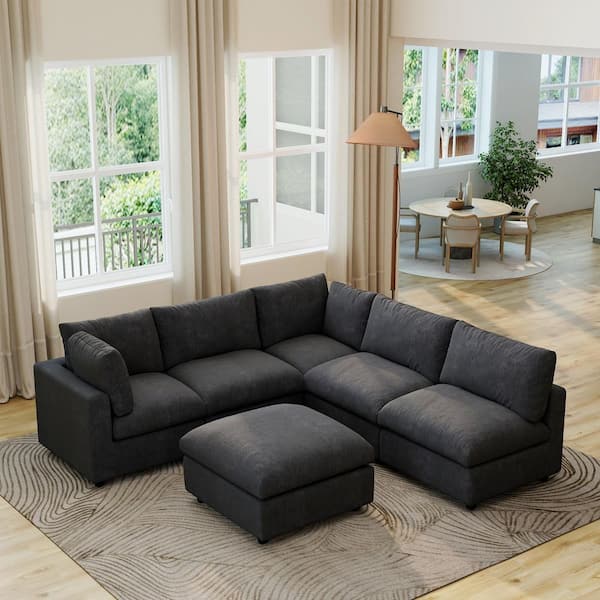 Modular Cloud Couch, 134 in. Square Arm Chenille L-shaped Sofa with Ottoman, Washable Covers for Home Theater in Black