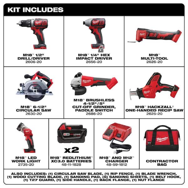 M18 18-Volt Lithium-Ion Cordless Combo Kit 7-Tool with 2-Batteries, Charger and Tool Bag