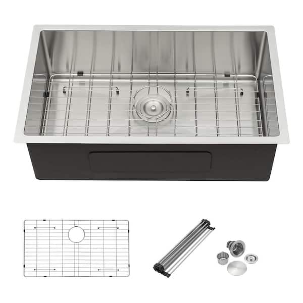 ANGELES HOME 32 in Undermount Single Bowl 16 Gauge Stainless Steel Kitchen Sink with Bottom Grids