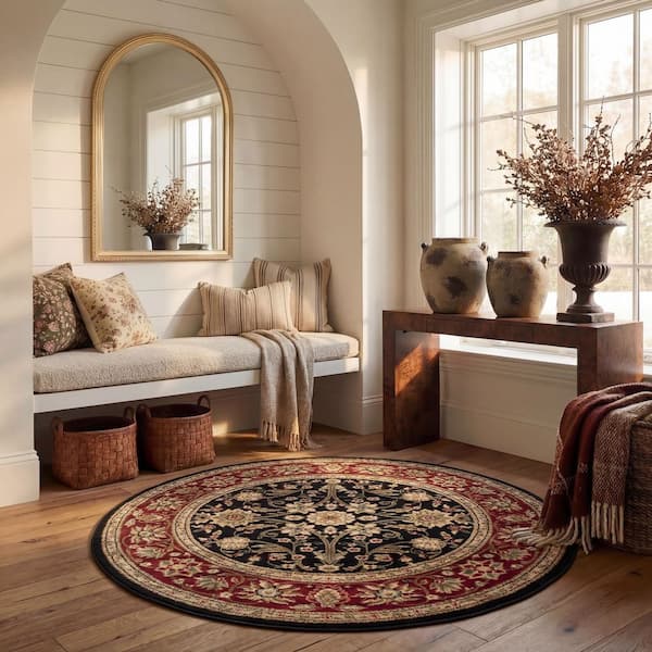 Lyndhurst 10 ft. x 10 ft. Round Black/Red Border Floral Antique Area Rug