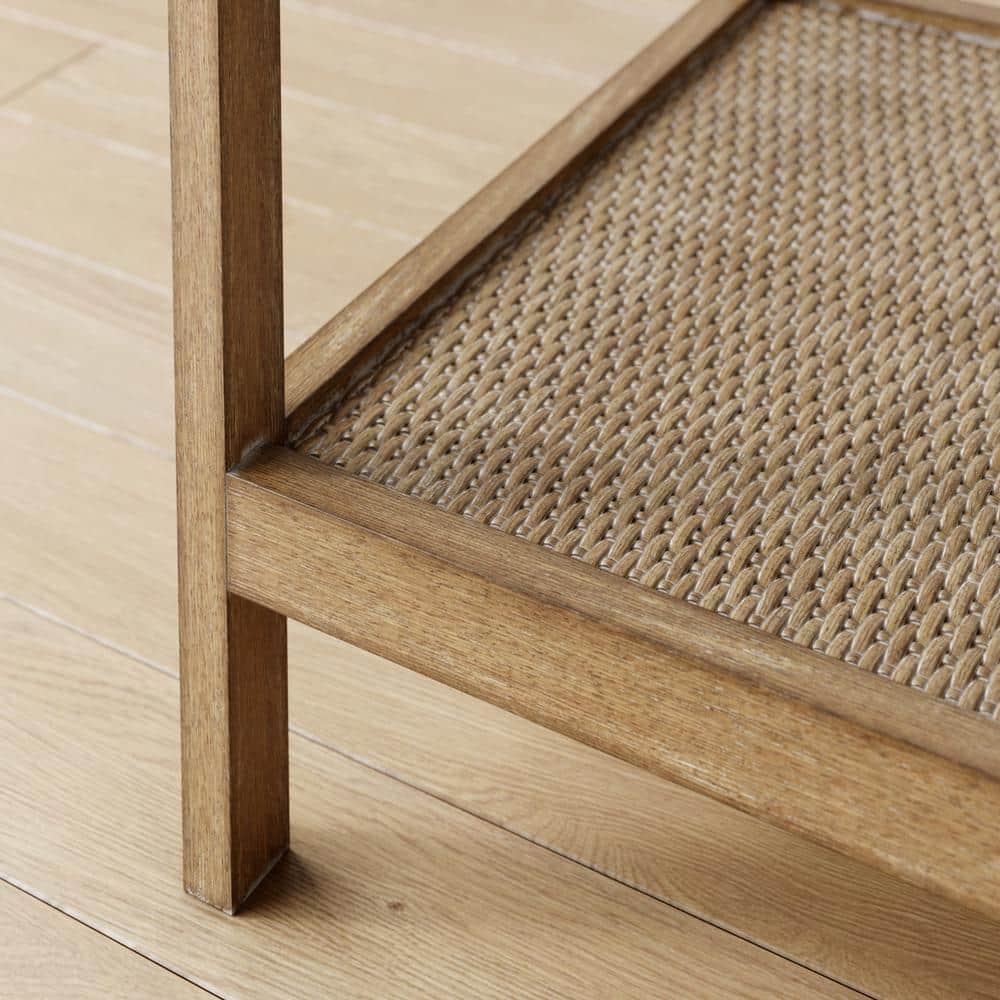 Hayes Light Brown Solid Wood and Glass Side Table with Rattan Shelf