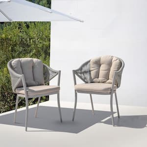 Stationary Aluminum Woven Rope Outdoor Dining Chair with Beige Cushions (2-Pack)