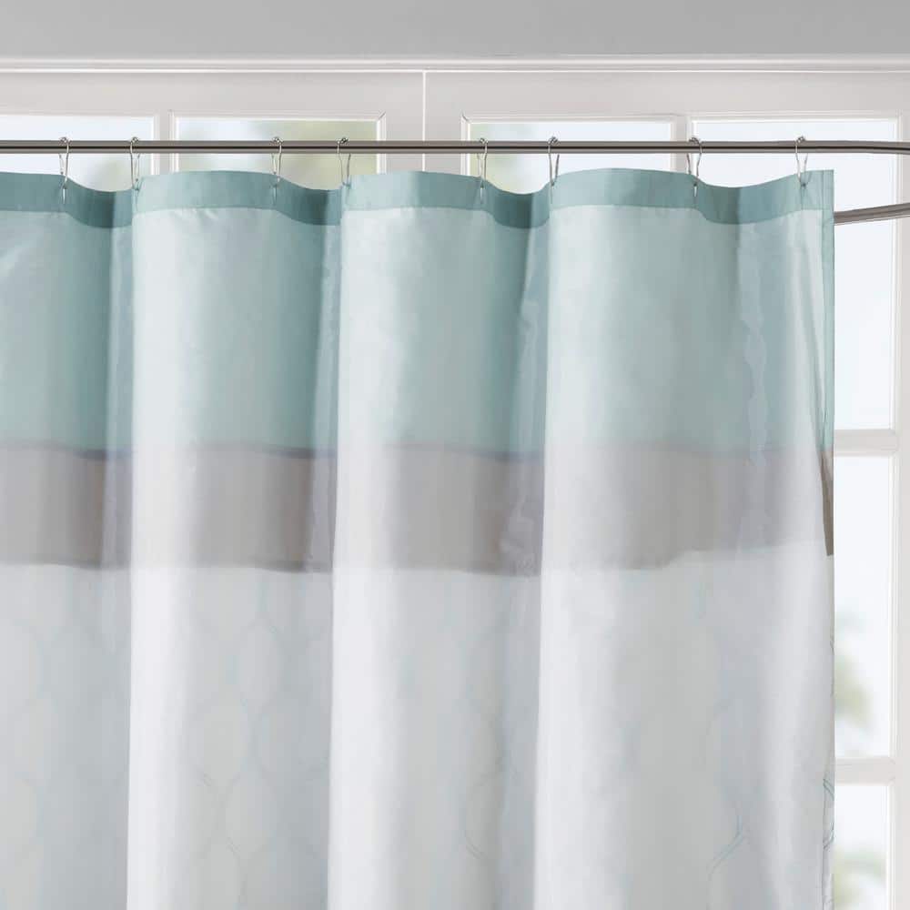 Seafoam and Beige Embroidered Microfiber Shower Curtain with Liner