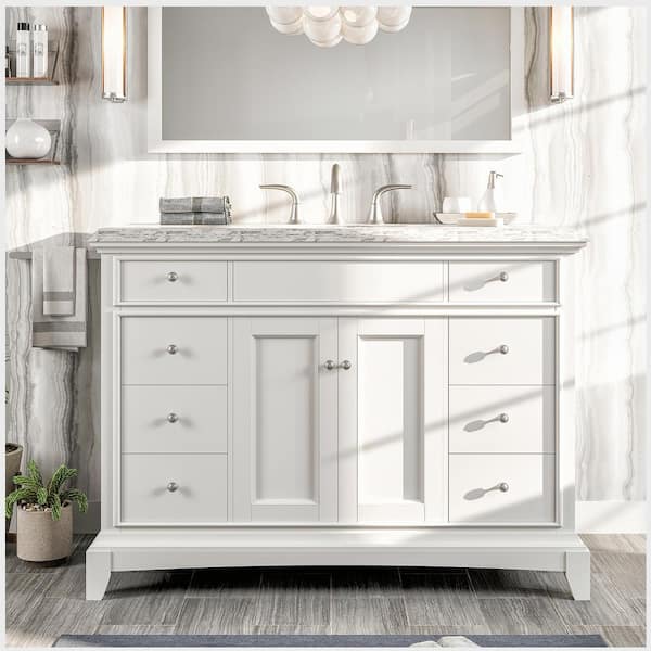 Eviva Elite Stamford 48 in. W x 24 in. D x 36 in. H Bath Vanity in White with White Carrara Marble Top with White Sink