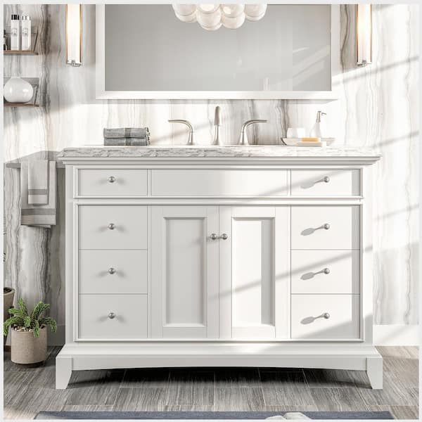 Eviva Elite Stamford 48 in. Single Sink White Bath Vanity with Double-Ogee Gray Carrara Marble Top (Assembled)
