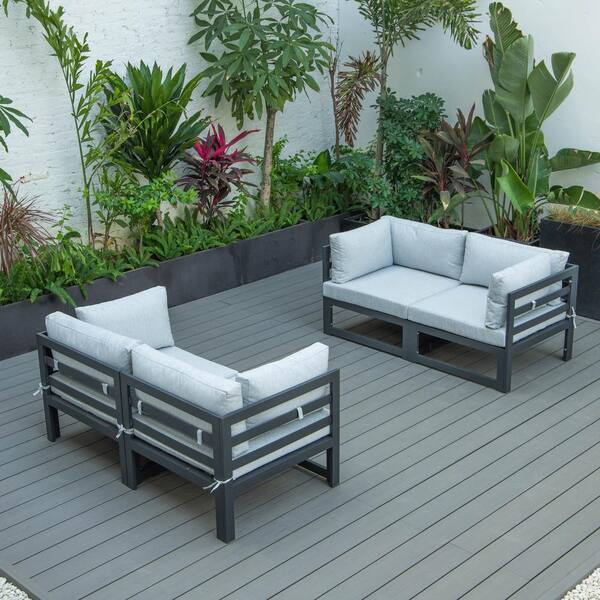 Leisuremod Chelsea Black 4-Piece Aluminum Outdoor Loveseat Set with Light Grey Cushions