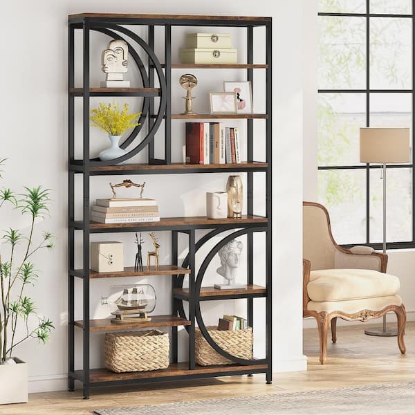 Eulas 76.77 in. Tall Brown Wood 8-Shelf Etagere Bookcase, Industrial Book Shelf with Storage