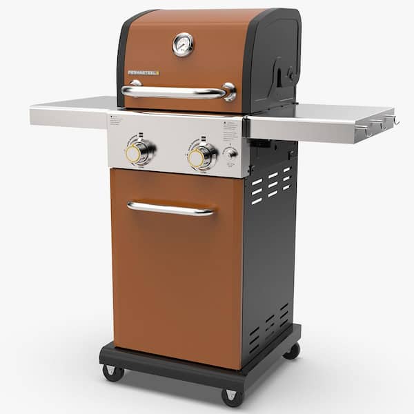 2-Burner Pedestal Propane Gas Grill in Copper With Folding Side Shelves