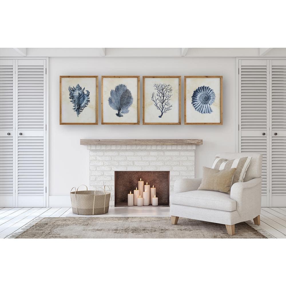 Blue Shells and Coral Wood Framed Wall Art Set