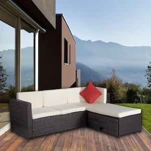 Outdoor 4-Piece Wicker Patio Conversation Seating Set with Beige Cushions