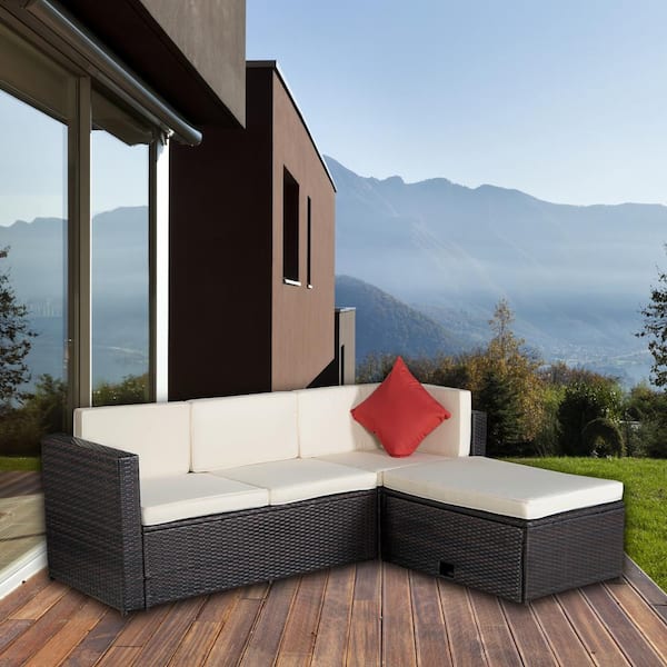 Wateday Outdoor 4-Piece Wicker Patio Conversation Seating Set with Beige Cushions