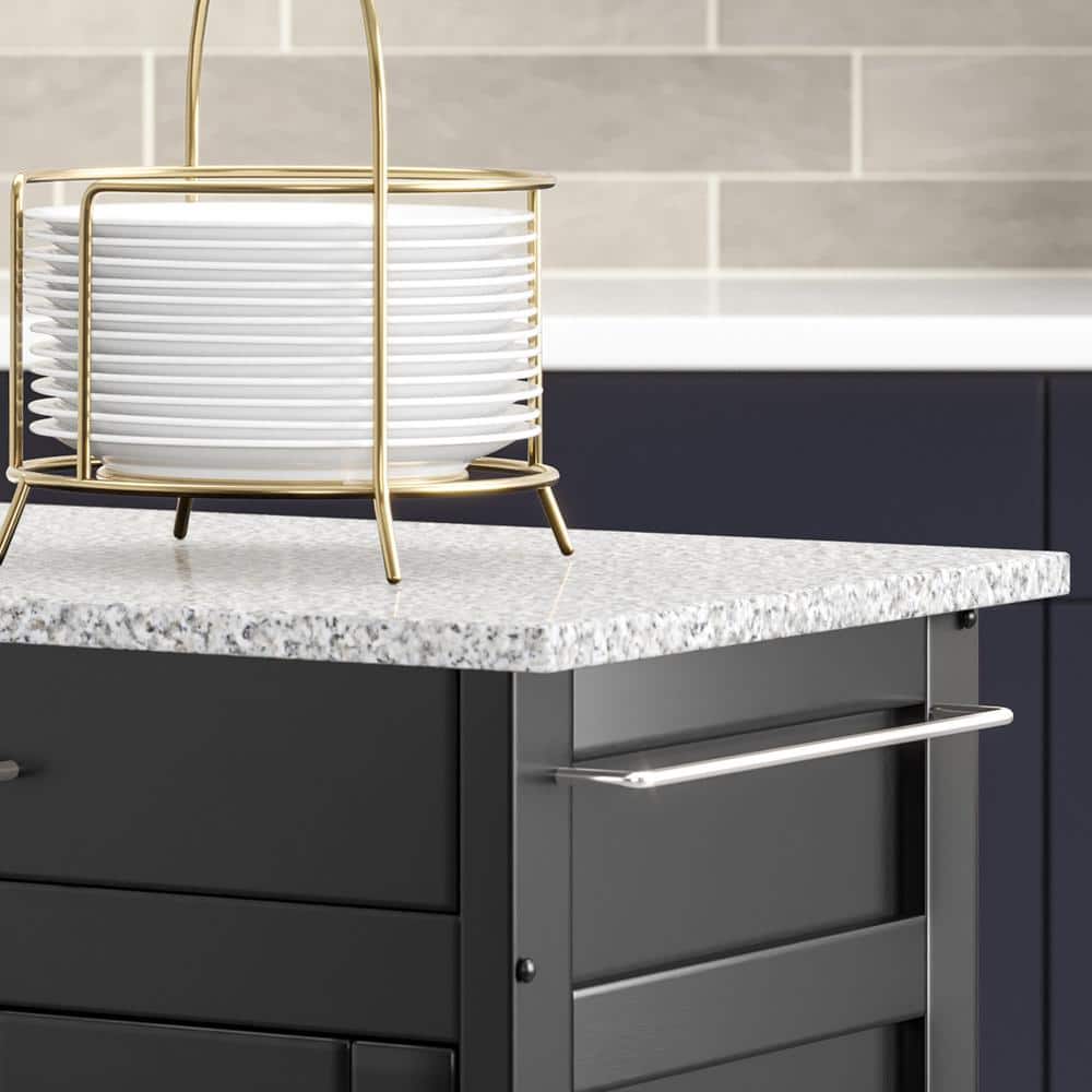 Black Granite Top Kitchen Cart with Storage and Spice Rack