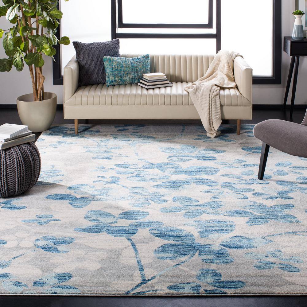 Elegant Gray Floral 9' x 12' Synthetic Easy-Care Area Rug