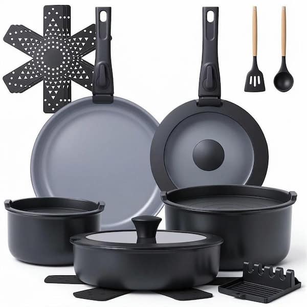 18 Piece Ceramic Nonstick Cookware Set with Removable Handles, Induction Ready, Dishwasher Safe, Black