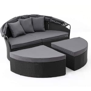 4-Piece Wicker Outdoor Day Bed with Black Cushions and Retractable Canopy
