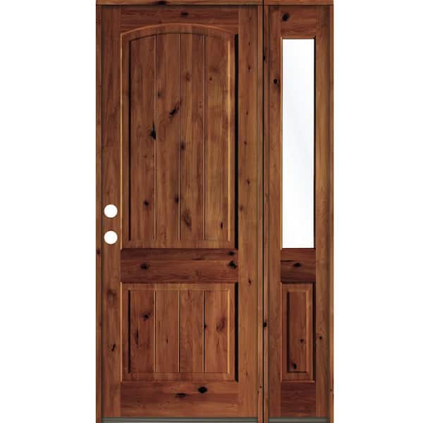 Krosswood Doors 56 in. x 96 in. Rustic knotty alder Right-Hand/Inswing Clear Glass Red Chestnut Stain Wood Prehung Front Door with RHSL