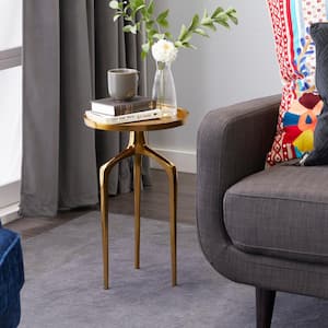 13 in. Gold Tray Inspired Top Large Round Aluminum End Accent Table with 3 Tripod Legs
