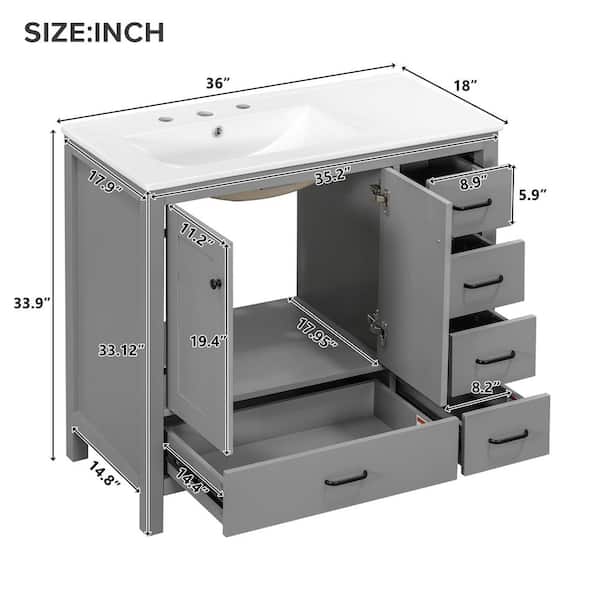 LuckByte 36 in. Gray Wood Rectangle Vessel Sink Bathroom Vanity