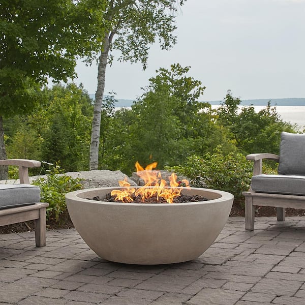 Pompton 42 in. Round Concrete Composite Propane Fire Pit in Fog with Vinyl Cover