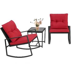 Black 3-Piece Wicker Outdoor Bistro Set with Red Cushions