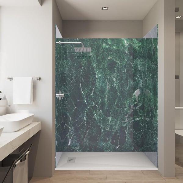 Green Empress 32 in. x 60 in. x 84 in. Solid Composite Stone Alcove Shower Kit with Walls and White Pan Base L/R Drain