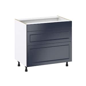 Devon Painted Blue Shaker Assembled Cooktop Base Kitchen Cabinet with 3 Drawers 36 in. W x 34.5 in. H in x 24 in. D