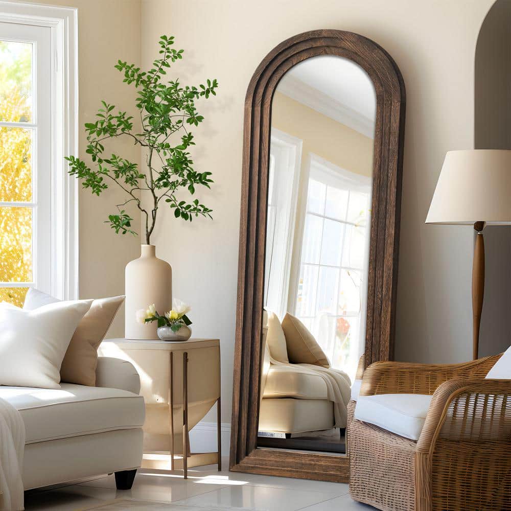 21 in. W x 64 in. H Classic Arched Solid Wood Framed Leaning Mirror in Brow
