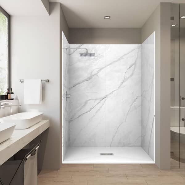 Calcutta White 32 in. x 60 in. x 84 in. Solid Composite Stone Alcove Shower Kit w/ Wall and Graphite Pan Base Cntr Drain