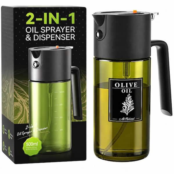 2-in-1 Dark Green Glass Oil Sprayer Bottle, 17 oz, Even Mist and Stream Control for Cooking and Air Fryer