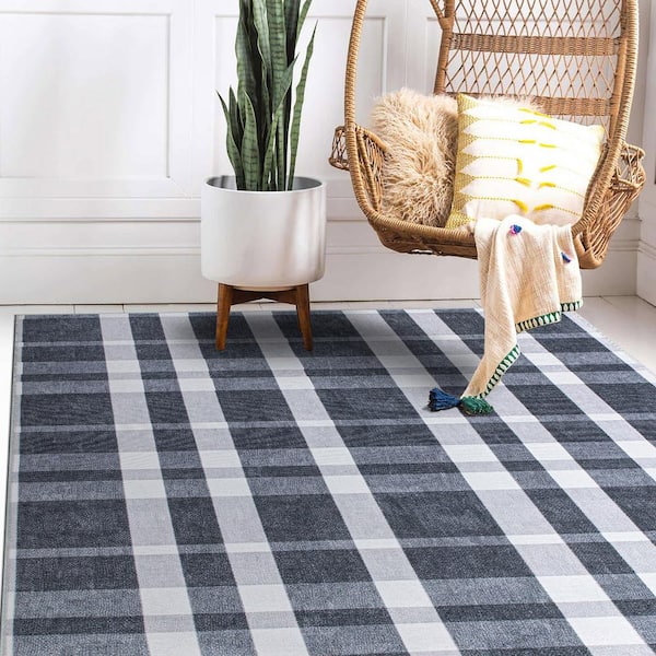 Unique Loom 2' 2 x 3' 1 Eco Plaid Indoor Outdoor Washable Navy Blue Area Rug