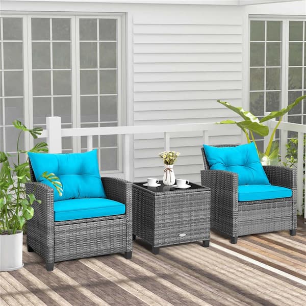 Costway Grey 3-Piece Metal Patio Conversation Set with Turquoise Seat Cushions and Back Cushions