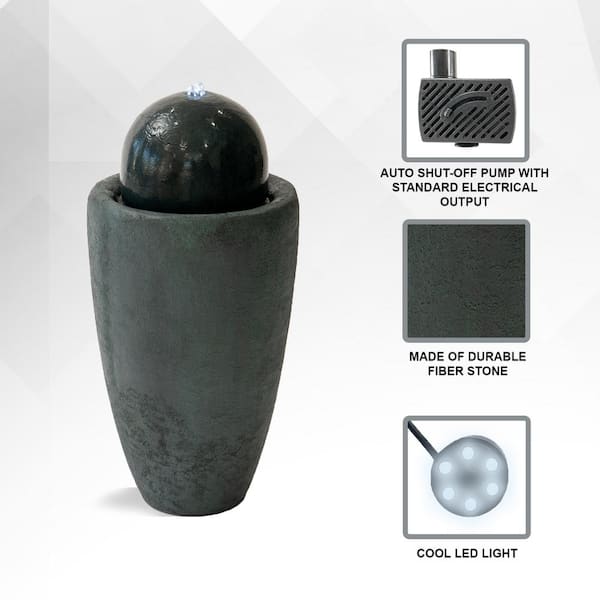 25.98 in. H Round Modern Waterfall Stone Textured Sphere Floor Fountain w/LED Light, Garden Sphere Fountain, Dark Green
