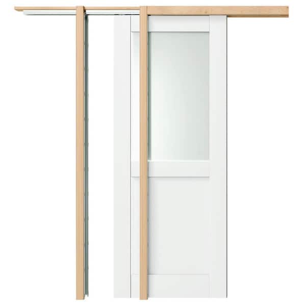 TENONER 64 in. x 80 in. 1/2 Lite, Frosted Glass, Solid Core, DIY Painted, White Primed, MDF Sliding Door with All Hardware