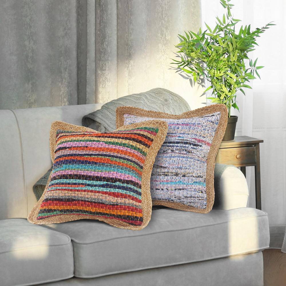 Multicolor Chindi Cotton and Jute Border 20" Square Throw Pillow