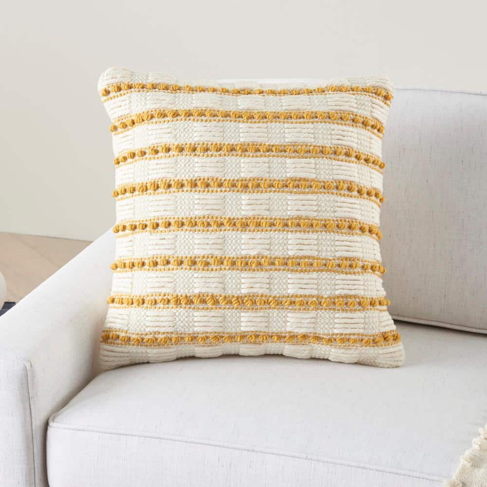18" Yellow and Ivory Woven Cotton Square Throw Pillow